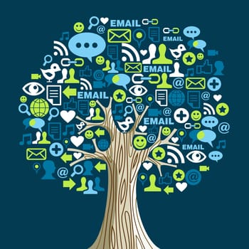 Social network tree with media icons leaves. Vector illustration layered for easy manipulation and custom coloring.