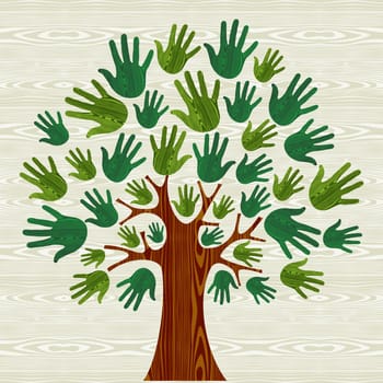 Eco friendly tree hands illustration for greeting card over wooden pattern. Vector file layered for easy manipulation and custom coloring.