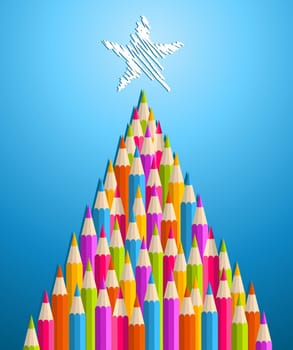 Multi colored art pencils in Christmas pine tree greeting card. Vector illustration layered for easy manipulation and custom coloring.
