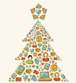 Social media networks icon set in Christmas pine tree. Vector illustration layered for easy manipulation and custom coloring.