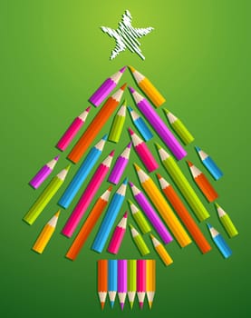 Multi colored art pencils in Christmas pine tree greeting card. Vector illustration layered for easy manipulation and custom coloring.