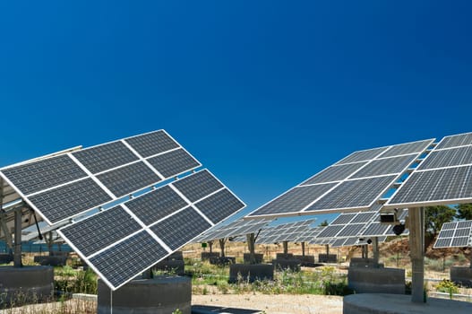 Photovoltaic silicon panels with tilted single axis track system in a small solar power plant, Portugal