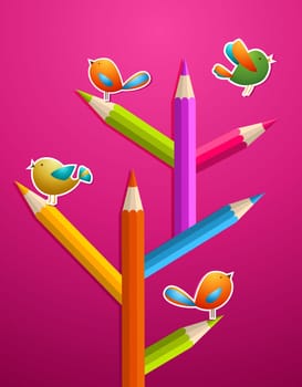 Multi colored art pencils and birds in trendy Christmas pine tree greeting card. Vector illustration layered for easy manipulation and custom coloring.