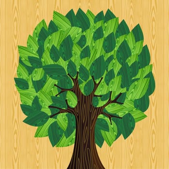 Eco friendly tree with green wooden leaves illustration. Vector file layered for easy manipulation and custom coloring.