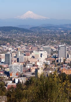 Portland Oregon downtown with Mount Hood standing in the background