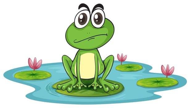 ilustration of sad and green frog in water with lotus