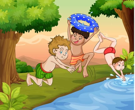 illustration of kids swimming outdoor in jungle