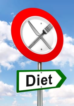 diet red and green road sign with fork and knife on sky background. clipping path included