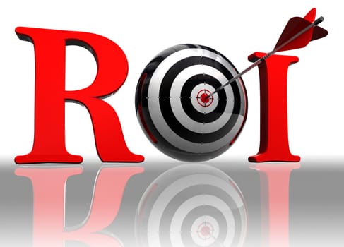 roi red word with conceptual target and arrow on white background clipping path included