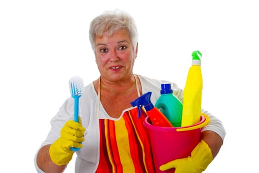 Senior woman with cleaning supplies - exposed on white background
