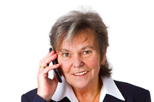 Successful senior woman using smartphone - isolated on white background