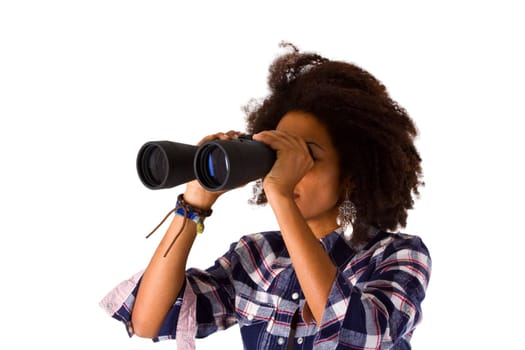 Young woman with binoculars - isolated on white background
