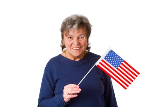 Senior woman with American national flag - isolated on white background