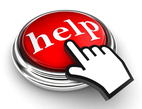 help red button and cursor hand on white background. clipping paths included