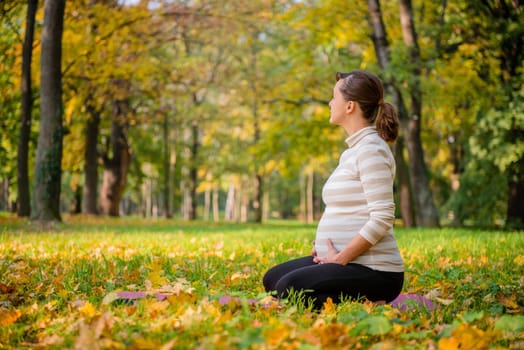 Young pregnant woman relaxing outdoor in beautiful autumn nature