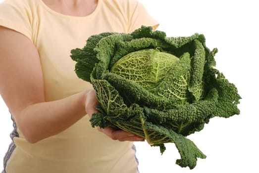 Detail - woman_offering savoy cabbage - isolated on white