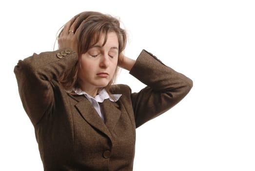 Business woman with strog headache (migraine) - isolated on white background