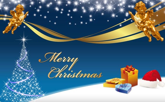 Christmas card with angels,Santa hat,gifts and Christmas tree