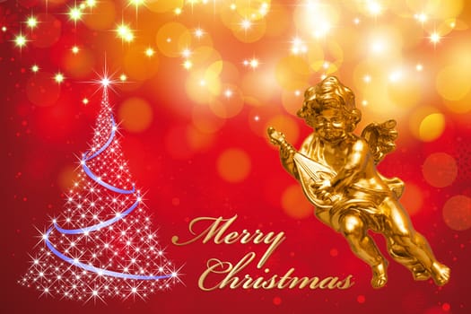 Christmas card with angel and Christmas tree