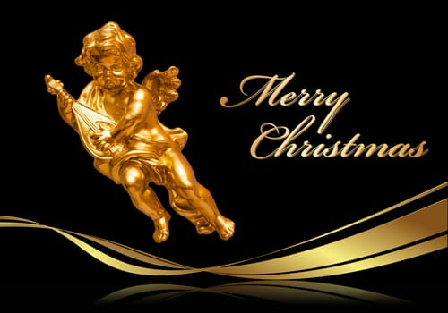 Christmas greeting card in black with golden angel and golden curved bow