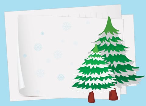 illustration of paper sheets and a christmas tree on a color background