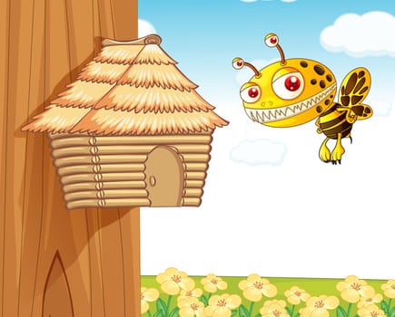 illustration of a honey bee and a wooden house in nature