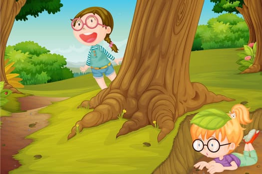 illustration of girls playing in  hide and seek in nature