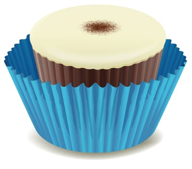 illustration of chocolates in blue cup on a white background