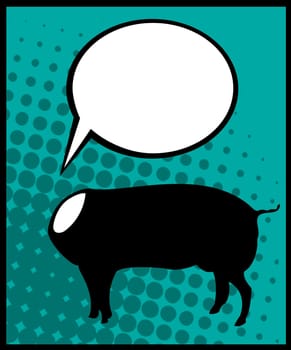 Conceptual comic style graphic of a headless pig and speech bubble