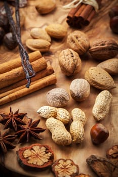 Assortment of spices and nuts for Christmas for baking cookies
