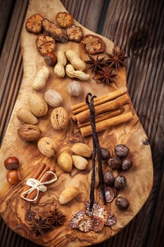Assortment of spices and nuts for Christmas for baking cookies