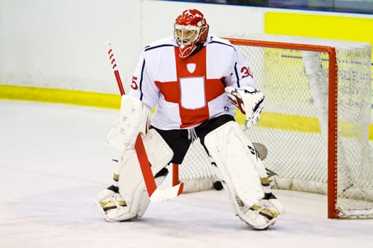 Ice hockey goalie. Picture taken on ice rink.