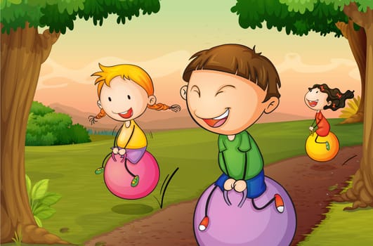 illustration of kids playing in a beautiful nature