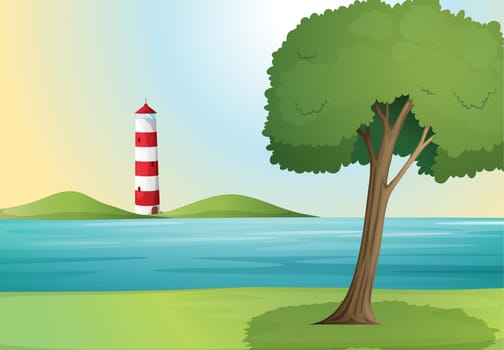 illustration of an ocean and a light house in a beautiful nature