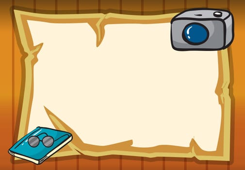 illustration of a camera, a book and a spectacle in yellow background