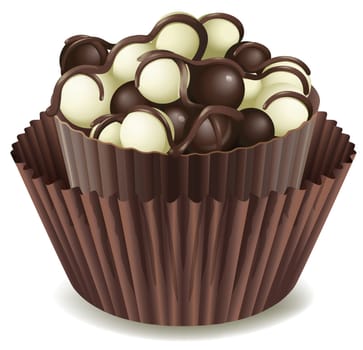 illustration of chocolates in brown cup on a white background