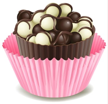 illustration of chocolates in a pink cup on a white background