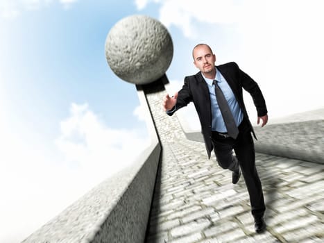 running businessman and huge 3d ball
