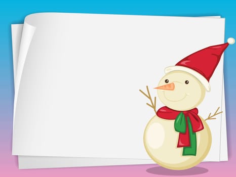 illustration of paper sheets and snowman on a color background