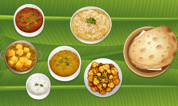 illustration of food on a banana leaf