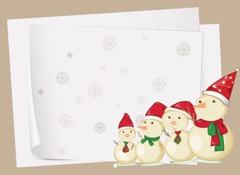 illustration of paper sheets and snowmen on a colored background