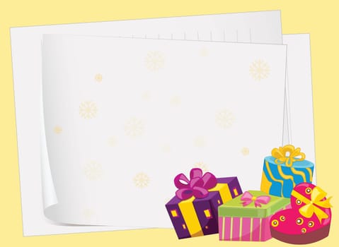 illustration of paper sheets and gift boxes on a yellow background