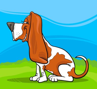 Cartoon Illustration of Funny Purebred Spotted Basset Hound Dog against Blue Sky and Green Grass