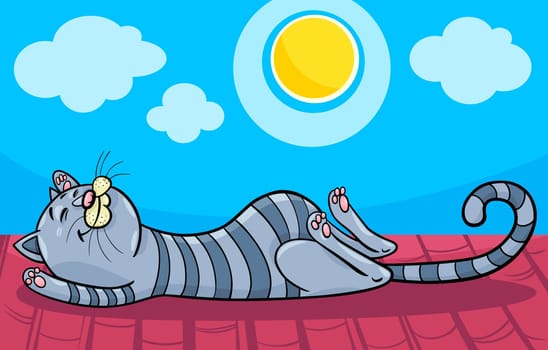 Cartoon Illustration of Funny Tabby Cat Sleeping on the Roof in the Sun