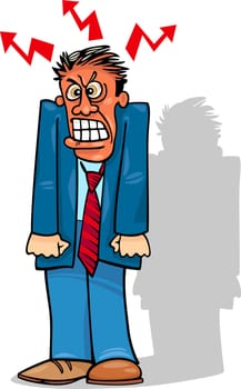 Cartoon Illustration of Furious Angry Man in Suit or Businessman