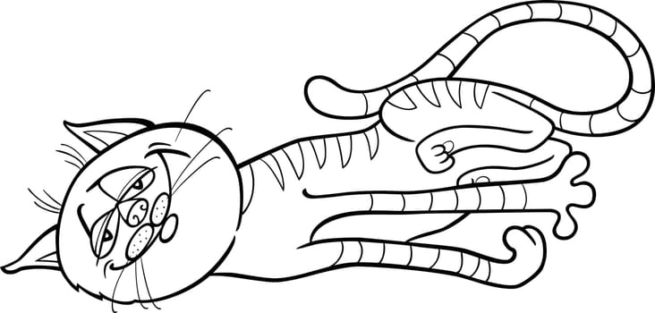 Cartoon Illustration of Happy Sleepy Tabby Cat for Coloring Book