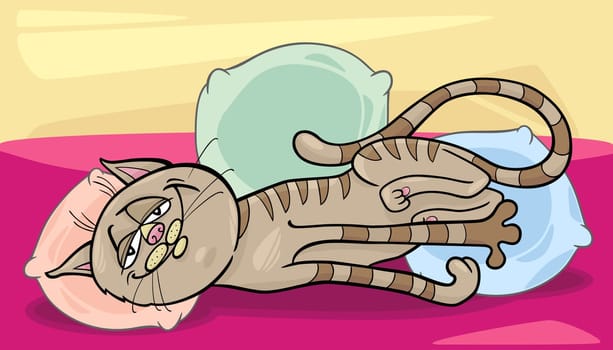 Cartoon Illustration of Happy Sleepy Tabby Cat on the Bed with Pillows
