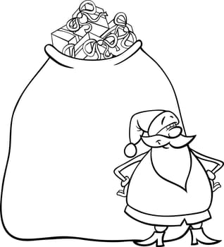 Cartoon Illustration of Funny Santa Claus or Papa Noel with Huge Sack Full of Christmas Presents for Coloring Book