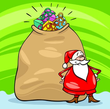 Cartoon Illustration of Funny Santa Claus or Papa Noel with Huge Sack Full of Christmas Presents