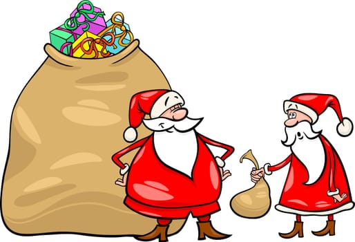 Cartoon Illustration of Funny Santa Claus or Papa Noel with Huge Sack Full of Christmas Presents and another Santa holding Very Small one